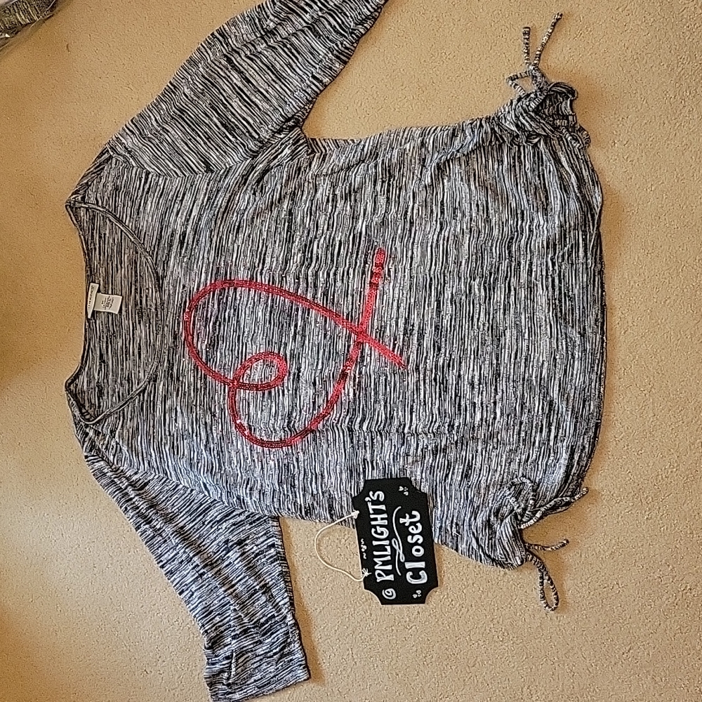 Catherines Blouse Black Gray OX Sequin Pink Heart